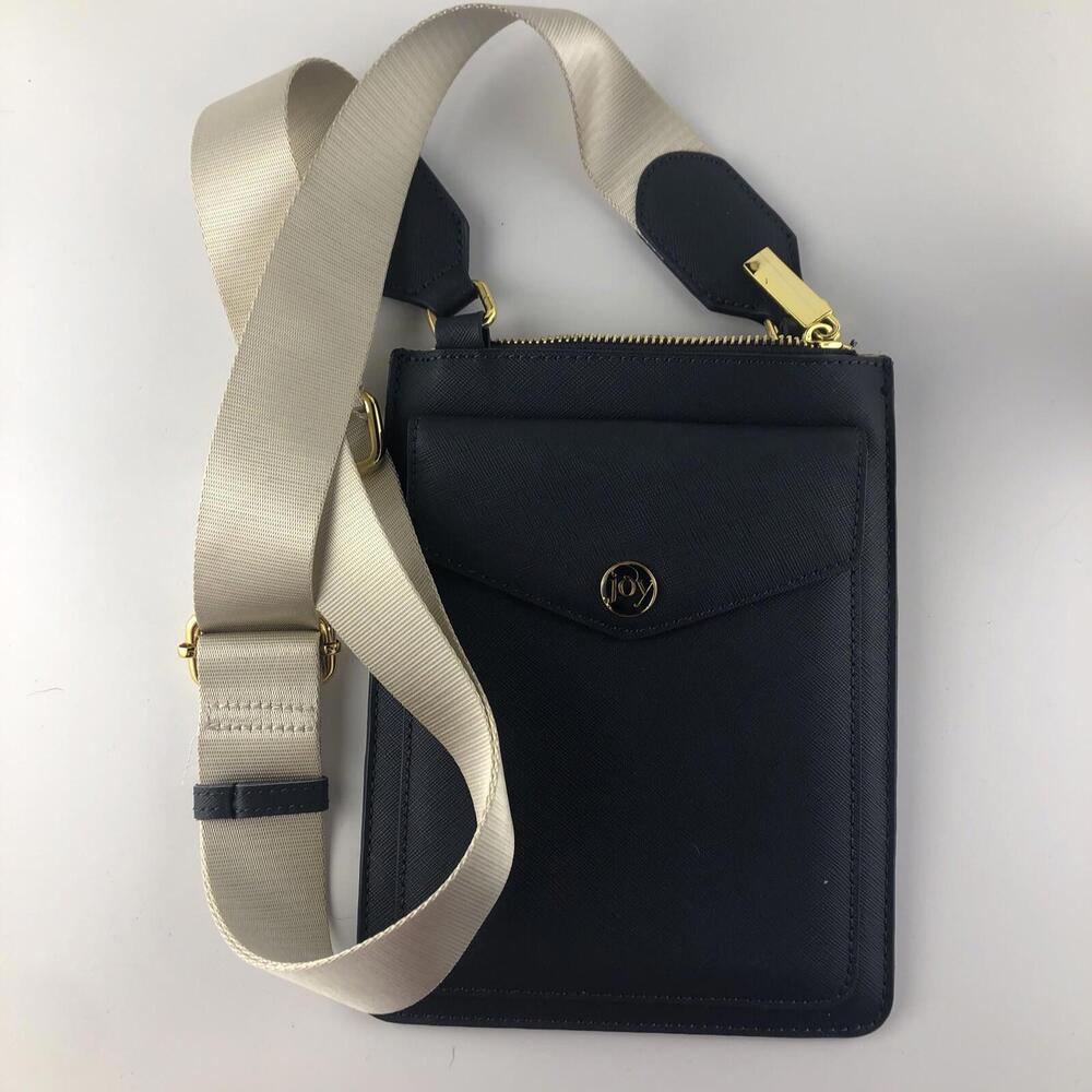 Joy Mangano Slim &Chic Saffiano Leather Slimline crossbody Bag blue read desc